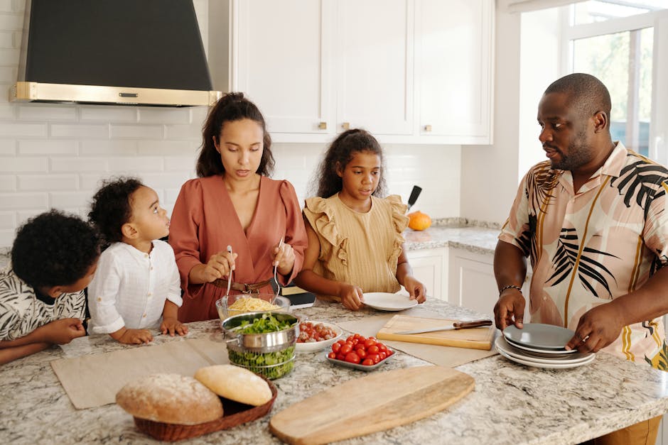 Brazilian family cooking together in bright kitchen