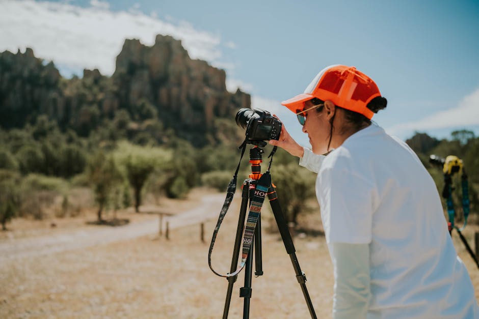 camera equipment on hiking trail Spain