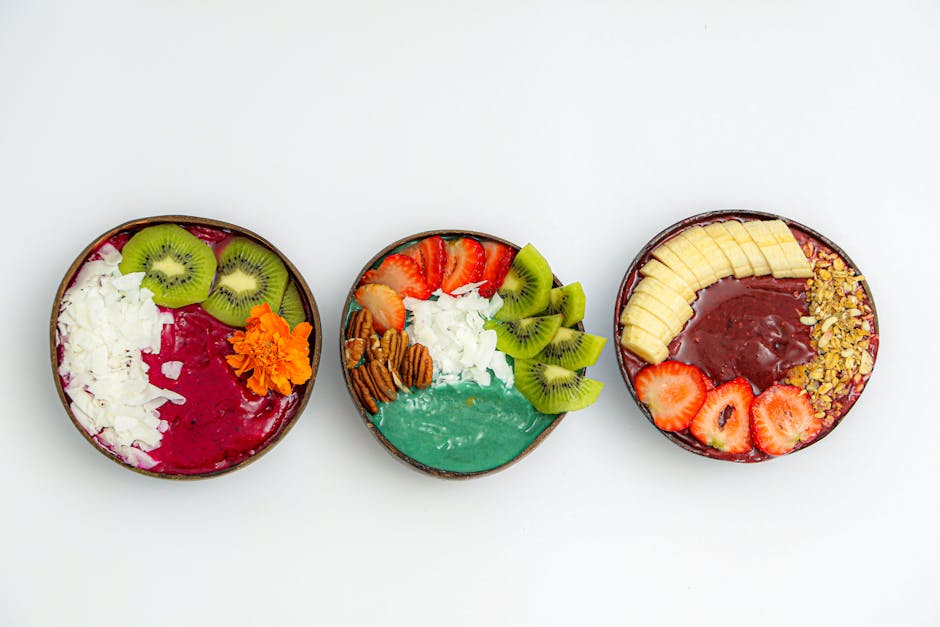 colorful açaí smoothie bowls with toppings