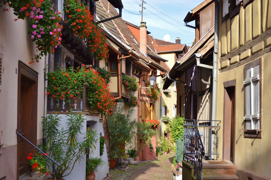 colorful French village street with flowers