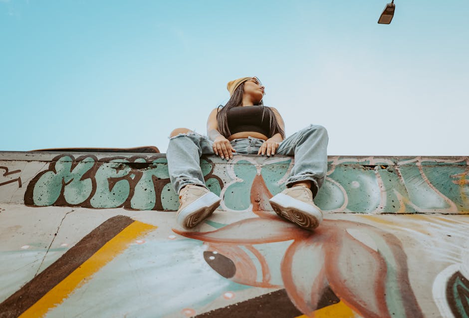 colorful low rise jeans and platform sneakers