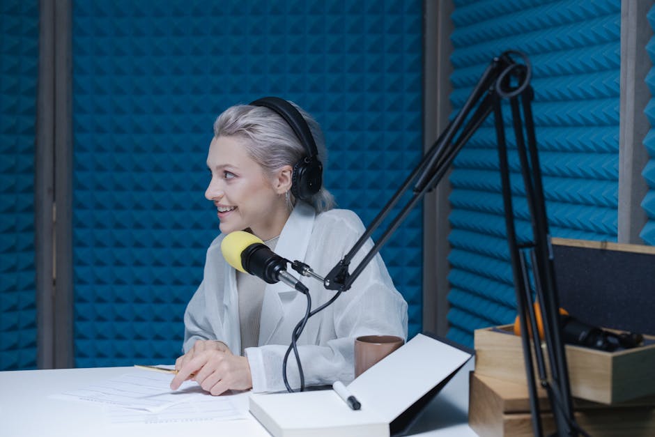 Content creator filming podcast in professional studio