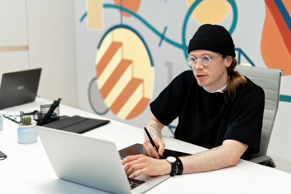 freelance designer working with tablet in modern office