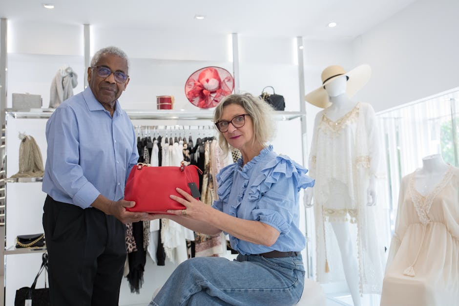French fashion influencer showing designer handbag in boutique