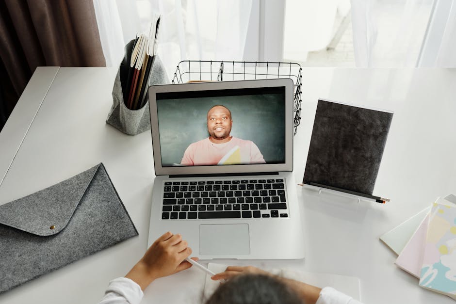 French teacher giving online lesson from home
