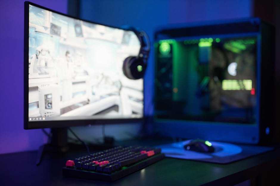 professional gaming setup with RGB lighting and monitors