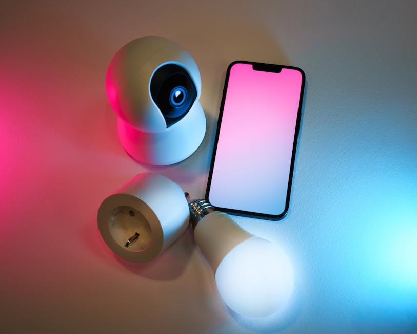 smart home devices on wooden table with smartphone showing app