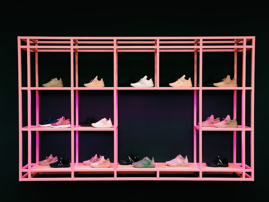 sneaker collection arranged on shelf