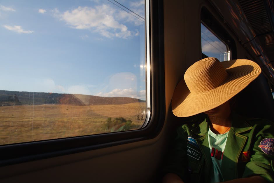 solo woman on train viewing Polish countryside