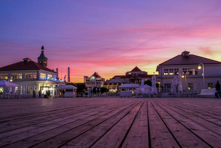 Sopot wooden pier at sunset over Baltic Sea