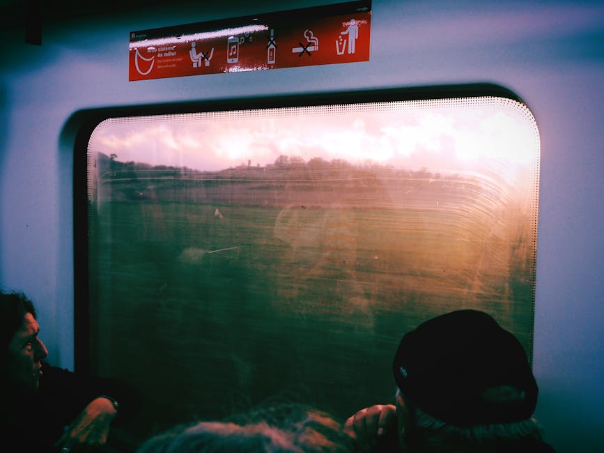 train window view of French countryside passing by at sunset