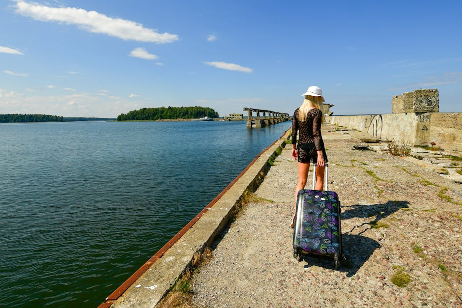 travel suitcase wooden dock sunset