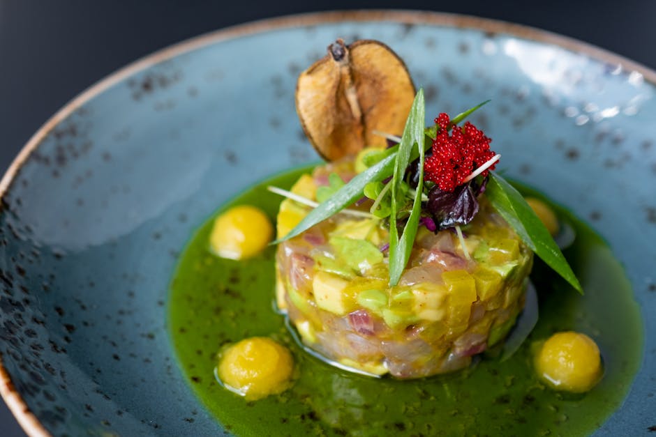 trendy Parisian food with colorful garnishes on a plate