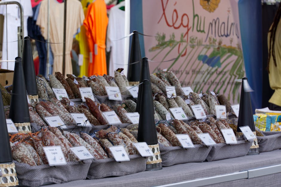 vibrant food market stall with French specialties