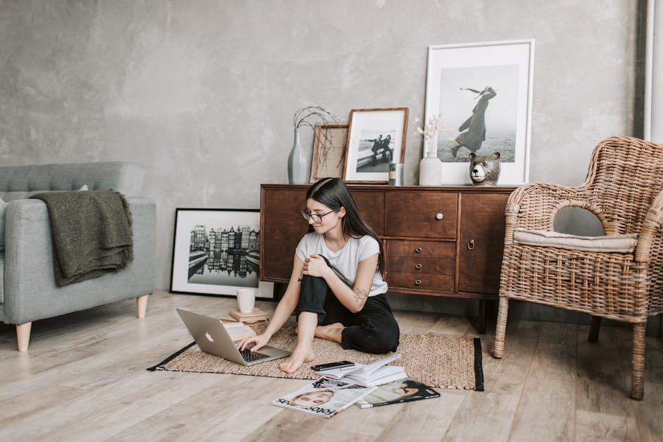 woman online on laptop in stylish apartment