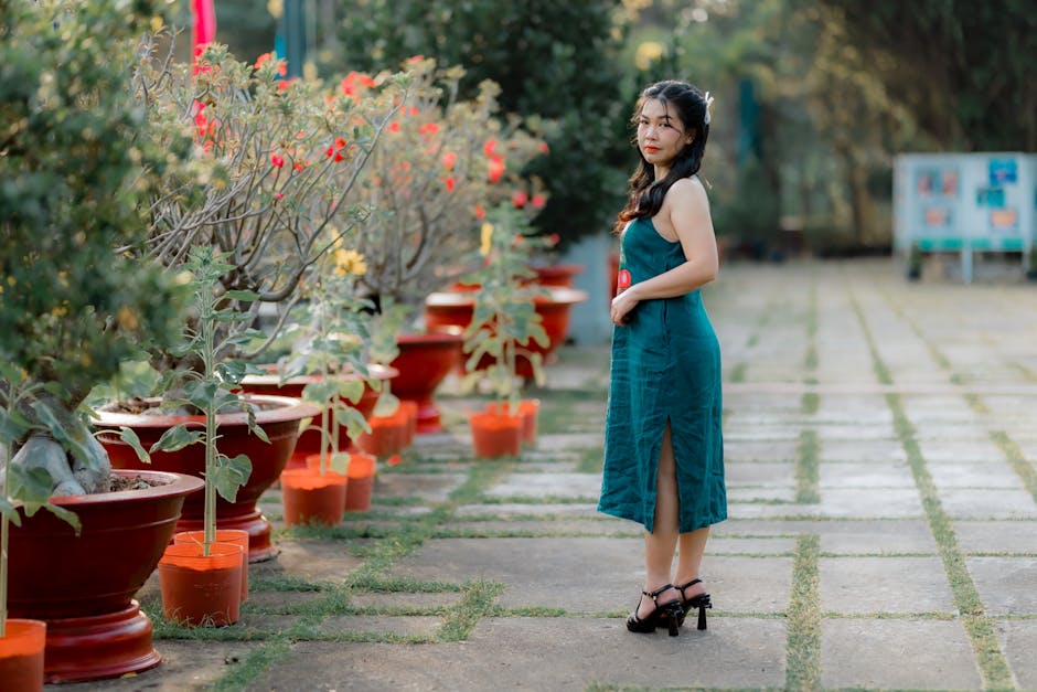 woman wearing floral summer dress in garden